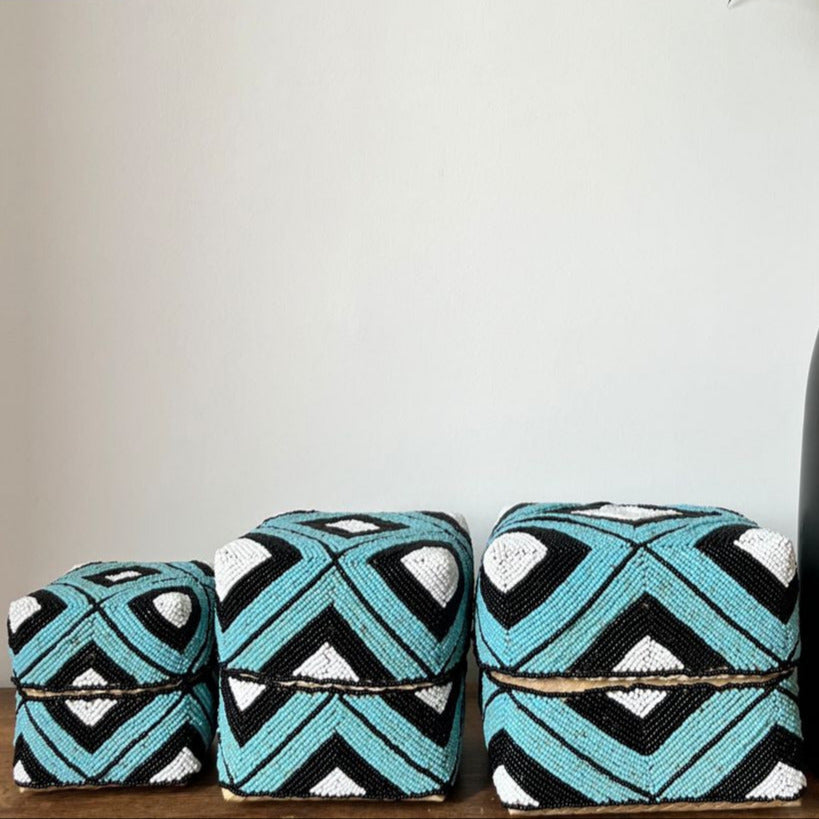 Rattan Bamboo Square Box - Black & White & Blue