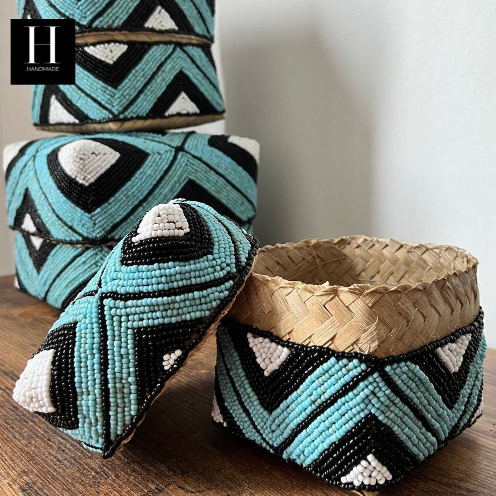Rattan Bamboo Square Box - Black & White & Blue