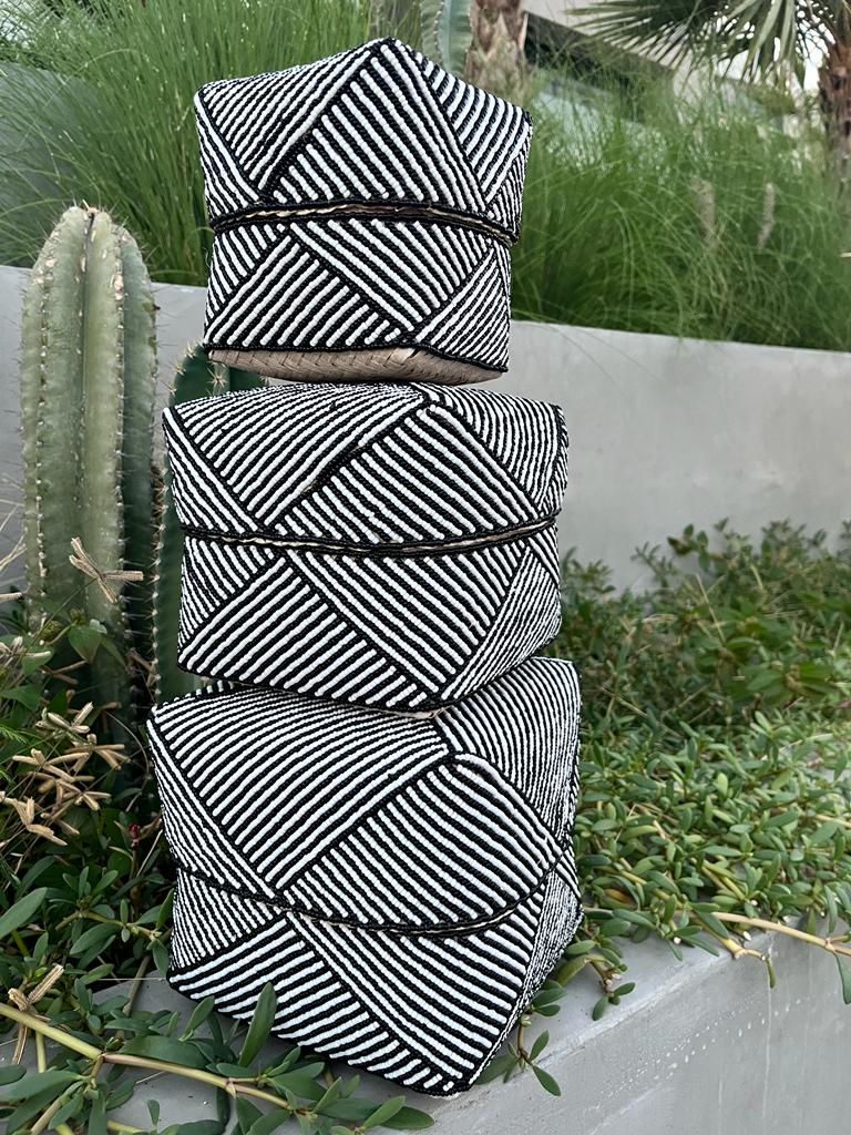 Rattan Bamboo Square Box - Strip Black & White
