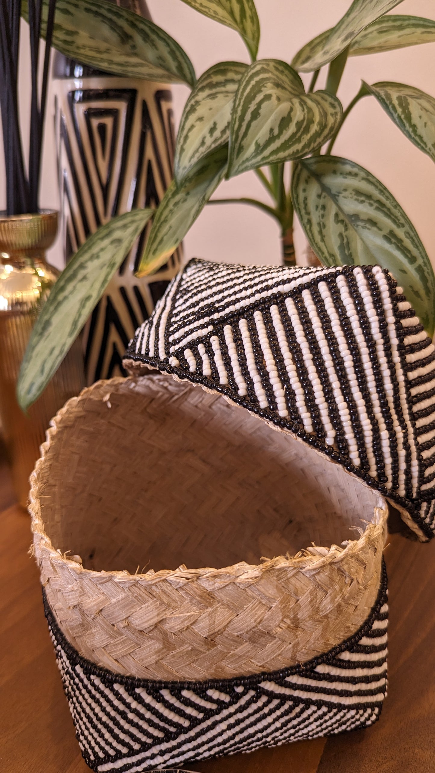 Rattan Bamboo Square Box - Strip Black & White