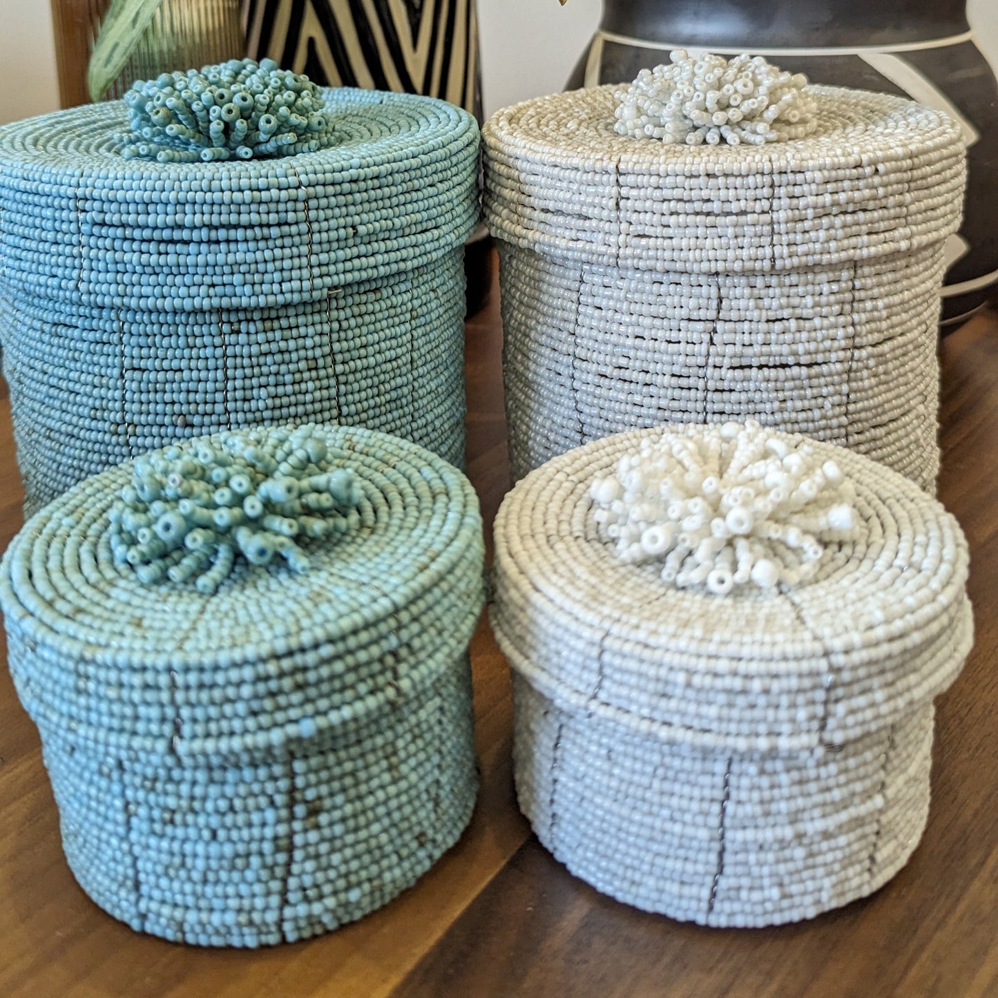 Beaded Round Box - White
