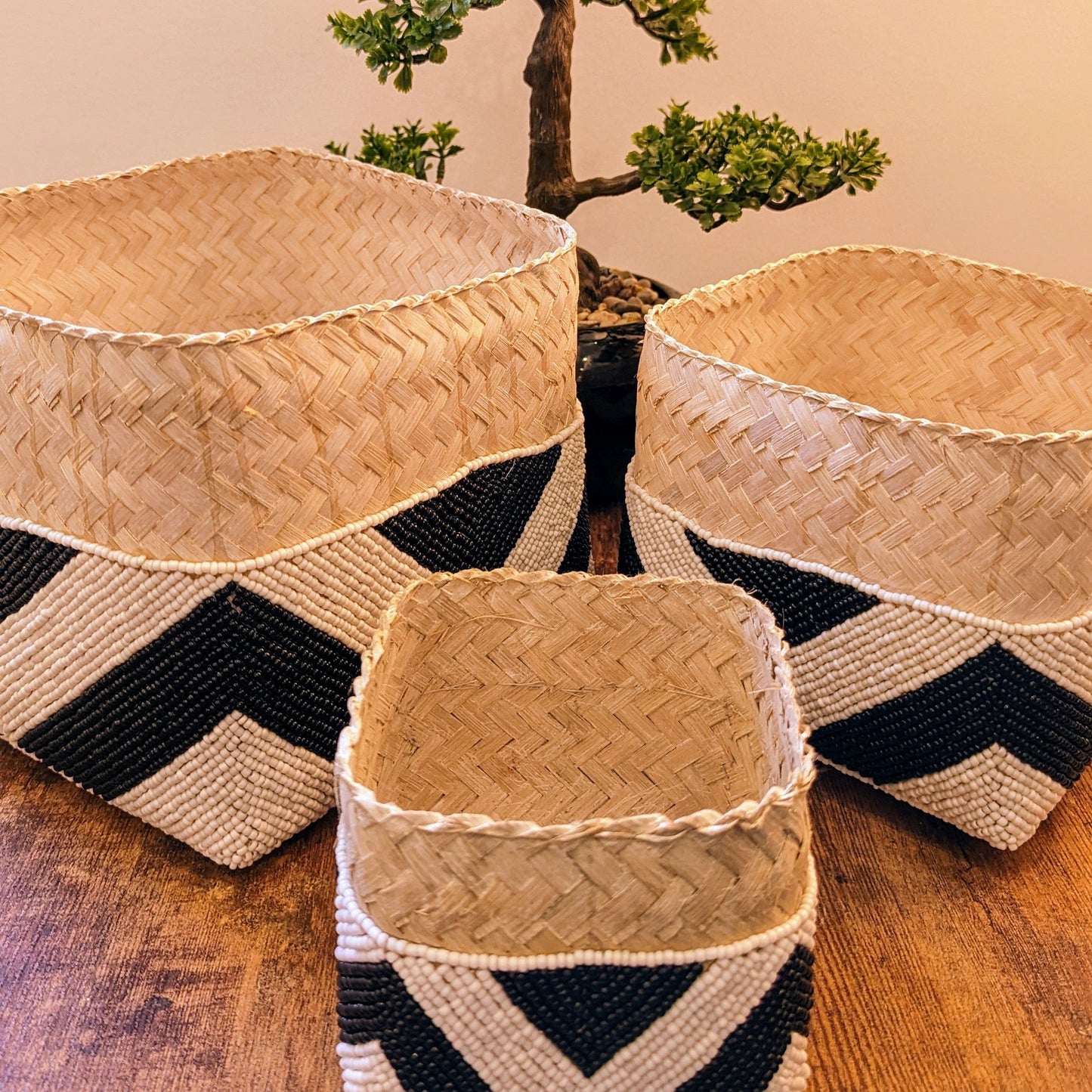 Rattan Bamboo Square Box - Black & White