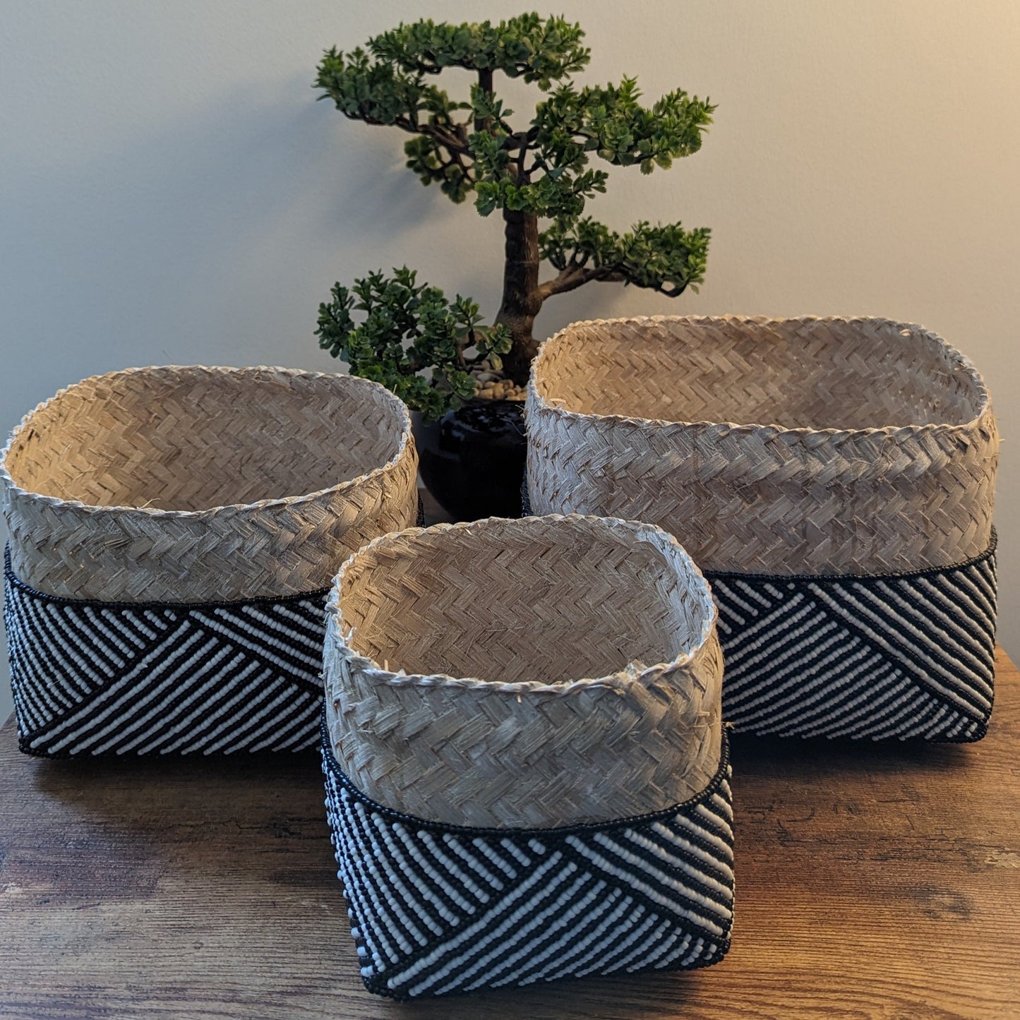 Rattan Bamboo Square Box - Strip Black & White