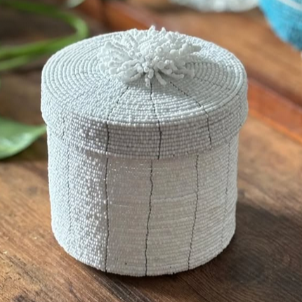 Beaded Round Box - White