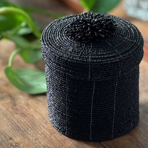 Beaded Round Box - Black