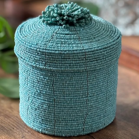 Beaded Round Box - Light Blue