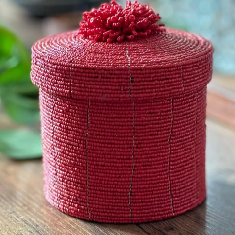 Beaded Round Box - Red